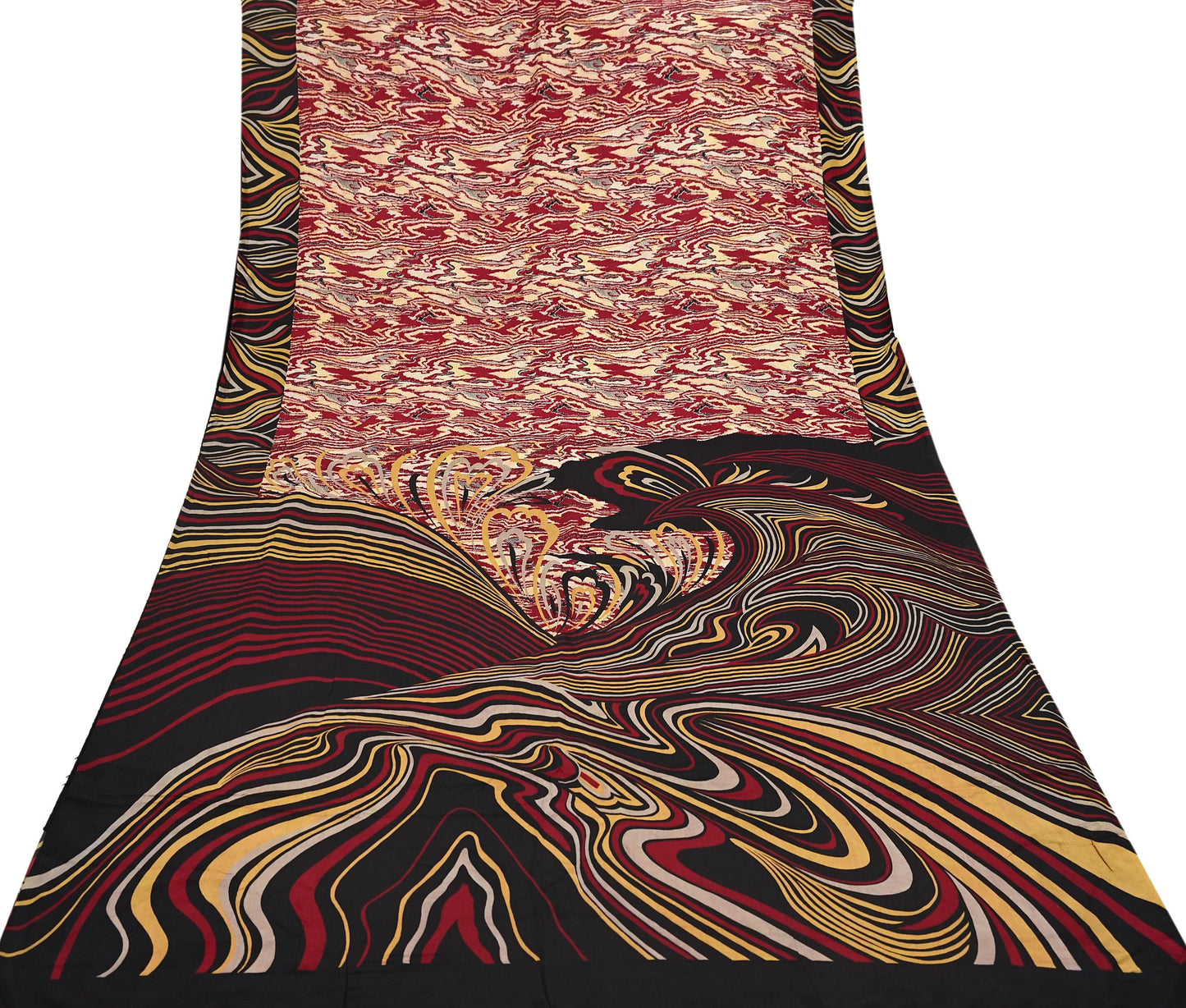 Indian Vintage Sari Black & Red Pure Silk Printed Sarees 5yd Sewing Craft Fabric Dress Making Soft Quilting Crafting Upcycle Used Abstract