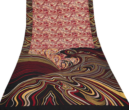 Indian Vintage Sari Black & Red Pure Silk Printed Sarees 5yd Sewing Craft Fabric Dress Making Soft Quilting Crafting Upcycle Used Abstract
