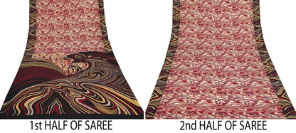 Indian Vintage Sari Black & Red Pure Silk Printed Sarees 5yd Sewing Craft Fabric Dress Making Soft Quilting Crafting Upcycle Used Abstract