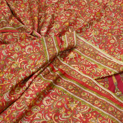 Indian Vintage Sari Red Pure Silk Printed Saree Fabric 6yd Sewing Craft Fabric DressMaking Soft Wrap For Crafting Quilting Floral Upcycle