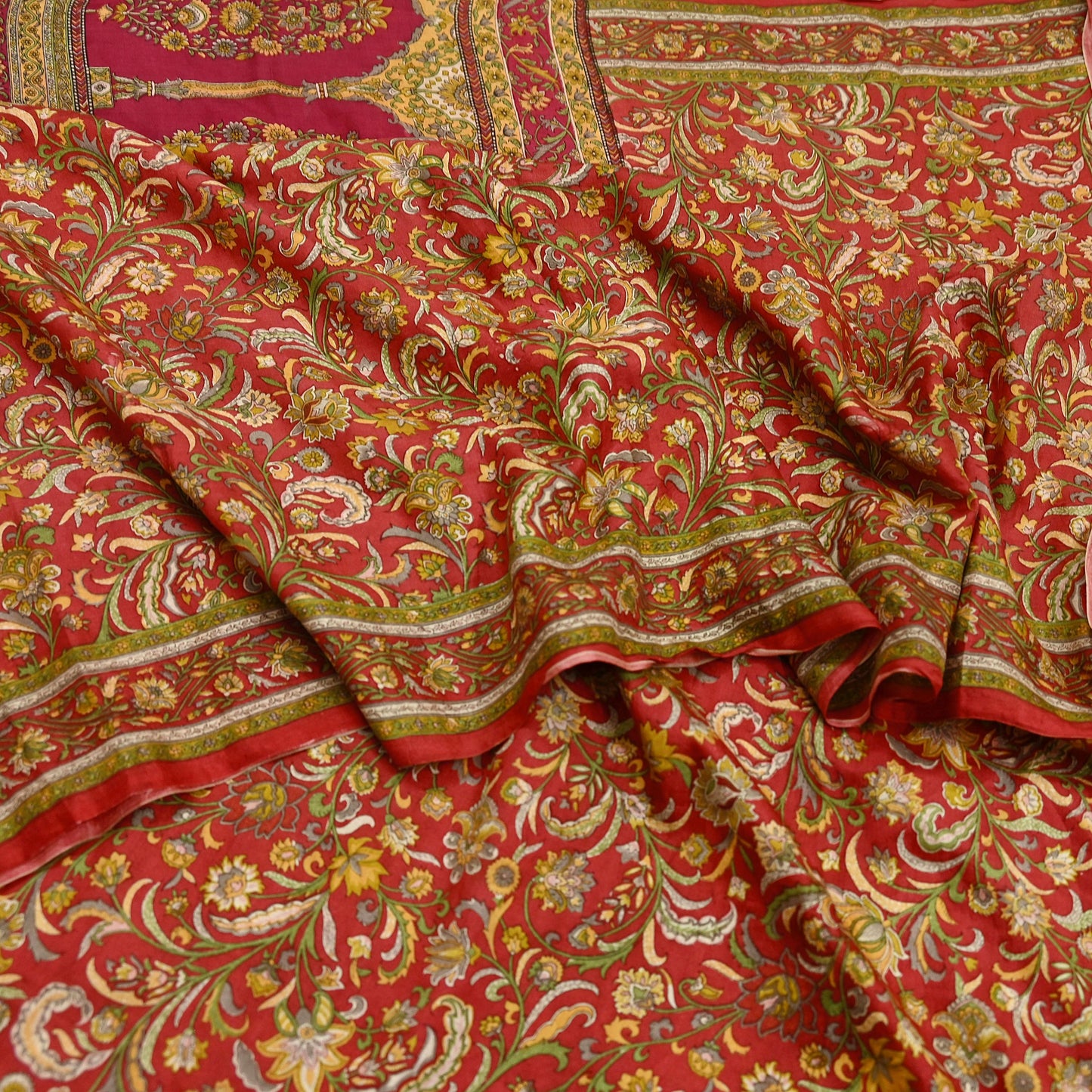 Indian Vintage Sari Red Pure Silk Printed Saree Fabric 6yd Sewing Craft Fabric DressMaking Soft Wrap For Crafting Quilting Floral Upcycle