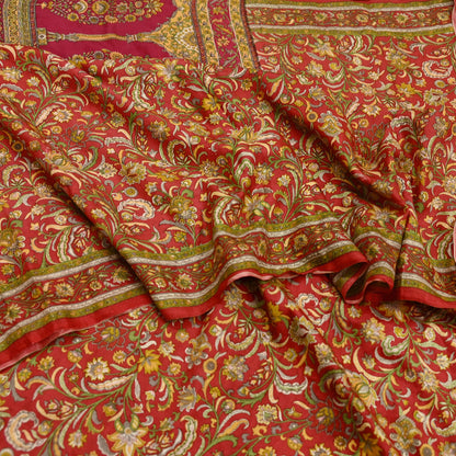 Indian Vintage Sari Red Pure Silk Printed Saree Fabric 6yd Sewing Craft Fabric DressMaking Soft Wrap For Crafting Quilting Floral Upcycle