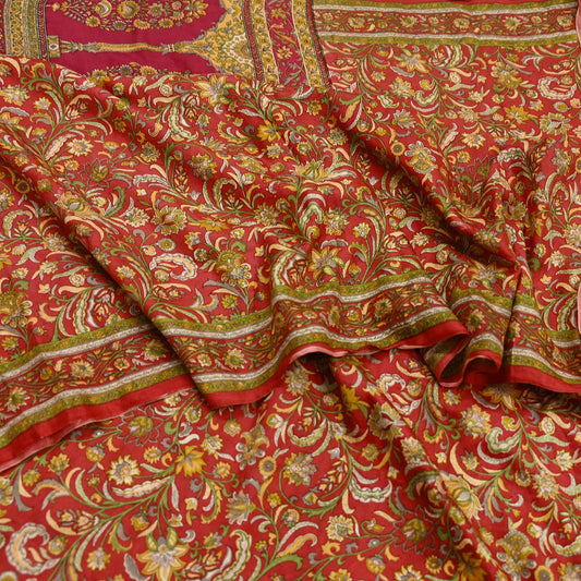 Indian Vintage Sari Red Pure Silk Printed Saree Fabric 6yd Sewing Craft Fabric DressMaking Soft Wrap For Crafting Quilting Floral Upcycle