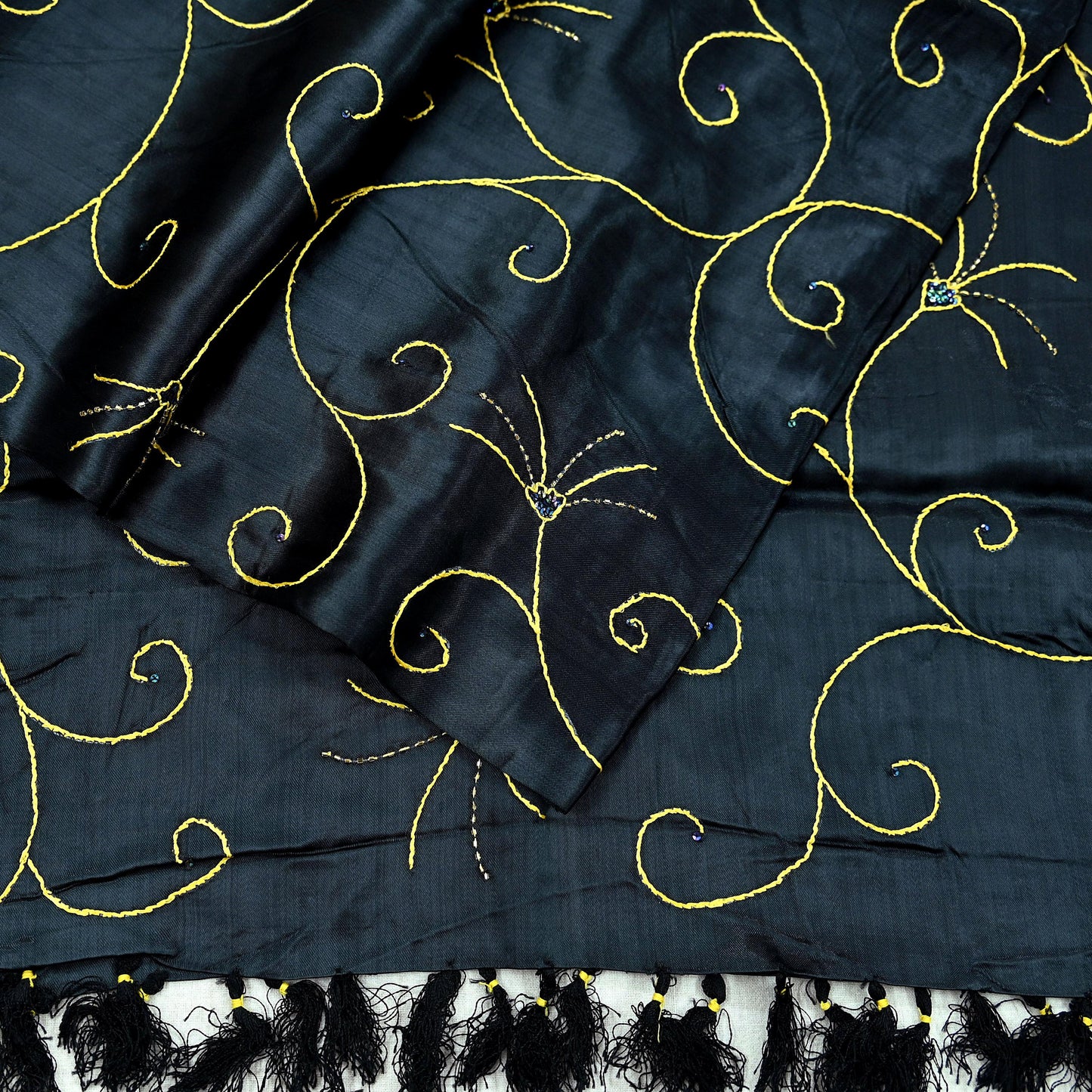 Indian Vintage Black Dupatta Pure Satin silk Long Stole Hand Embroidered Scarves Floral Veil Wrap Sequins
