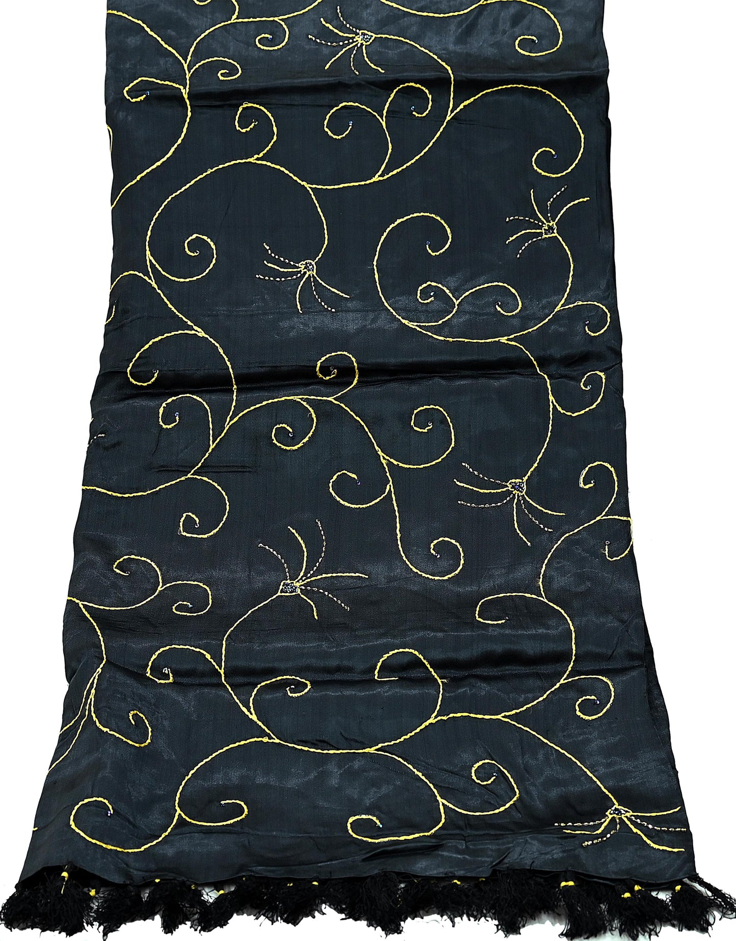 Indian Vintage Black Dupatta Pure Satin silk Long Stole Hand Embroidered Scarves Floral Veil Wrap Sequins