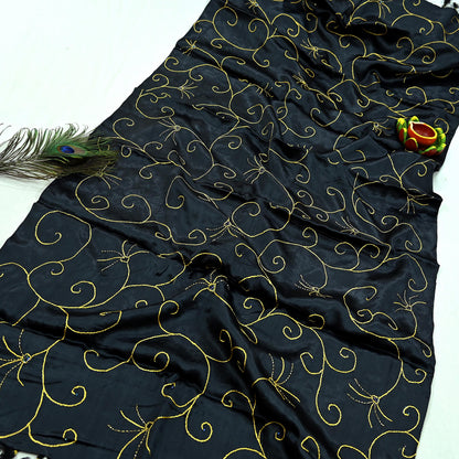 Indian Vintage Black Dupatta Pure Satin silk Long Stole Hand Embroidered Scarves Floral Veil Wrap Sequins