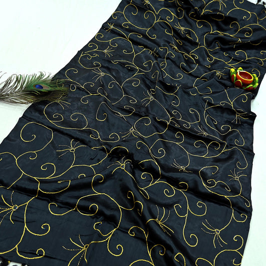 Indian Vintage Black Dupatta Pure Satin silk Long Stole Hand Embroidered Scarves Floral Veil Wrap Sequins