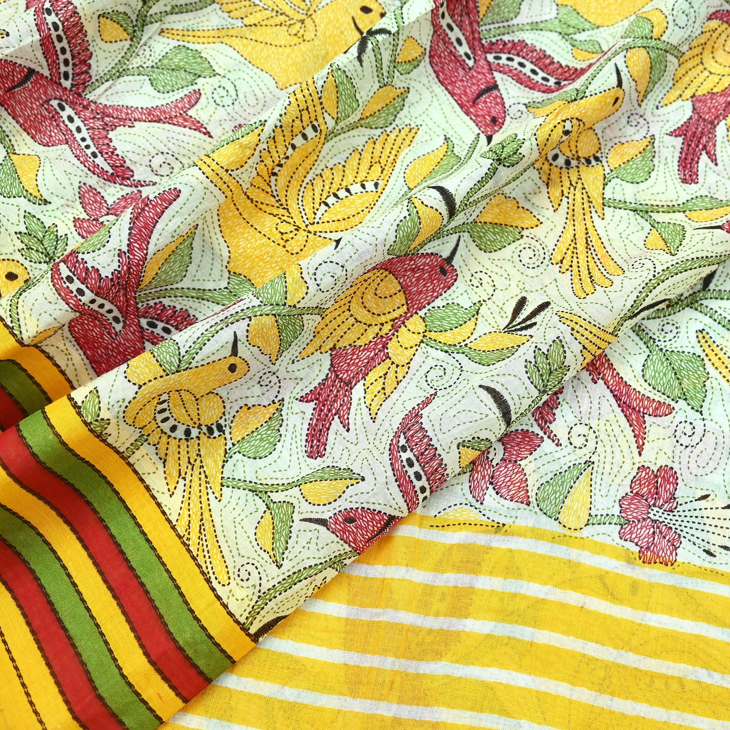 Indian Vintage Sari White & Yellow Printed 100% Pure Cotton Saree Craft Fabric 5Yd Soft Sewing Sarong Wrap Boho