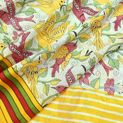 Indian Vintage Sari White & Yellow Printed 100% Pure Cotton Saree Craft Fabric 5Yd Soft Sewing Sarong Wrap Boho