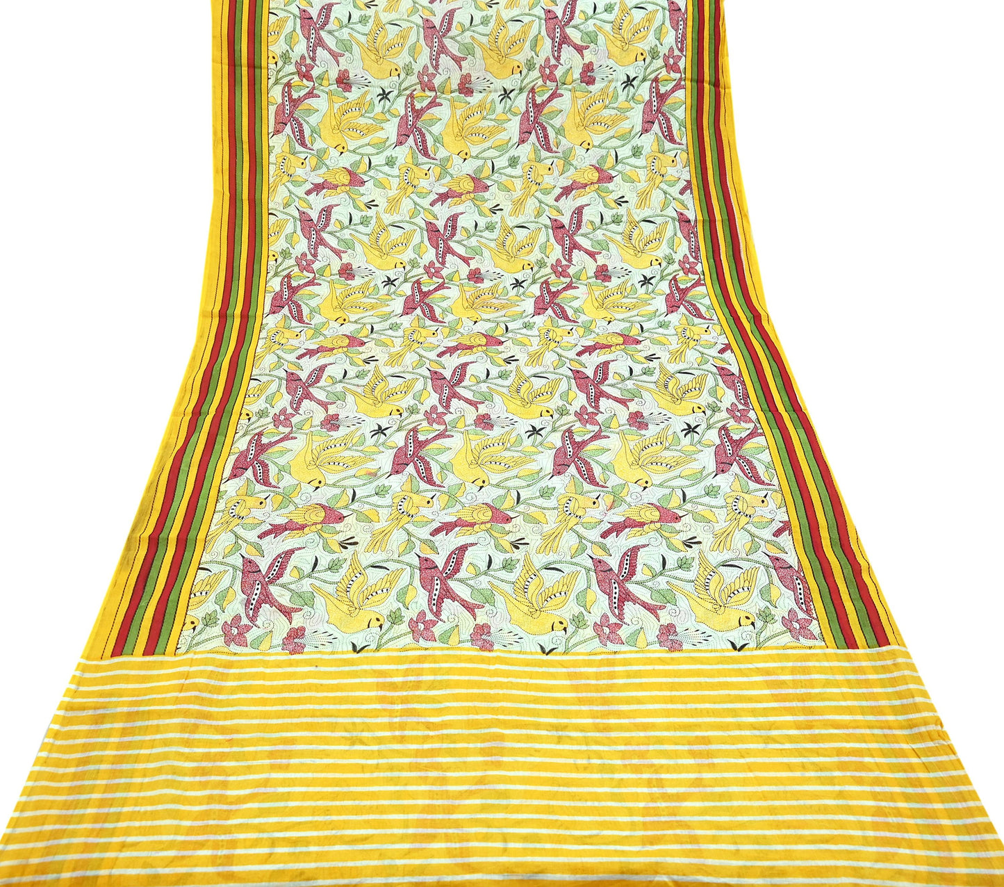 Indian Vintage Sari White & Yellow Printed 100% Pure Cotton Saree Craft Fabric 5Yd Soft Sewing Sarong Wrap Boho