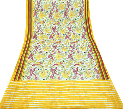 Indian Vintage Sari White & Yellow Printed 100% Pure Cotton Saree Craft Fabric 5Yd Soft Sewing Sarong Wrap Boho