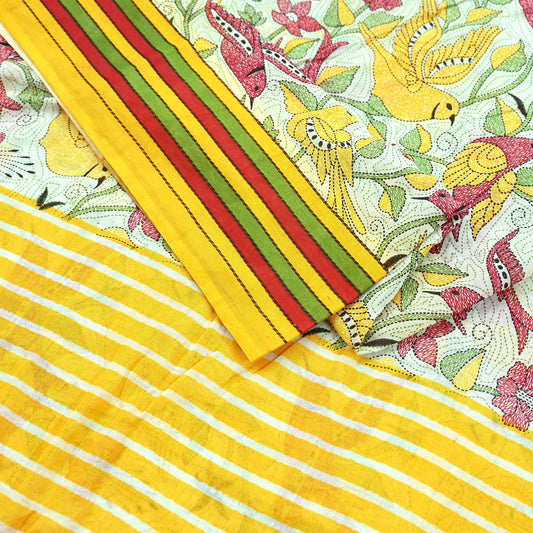 Indian Vintage Sari White & Yellow Printed 100% Pure Cotton Saree Craft Fabric 5Yd Soft Sewing Sarong Wrap Boho