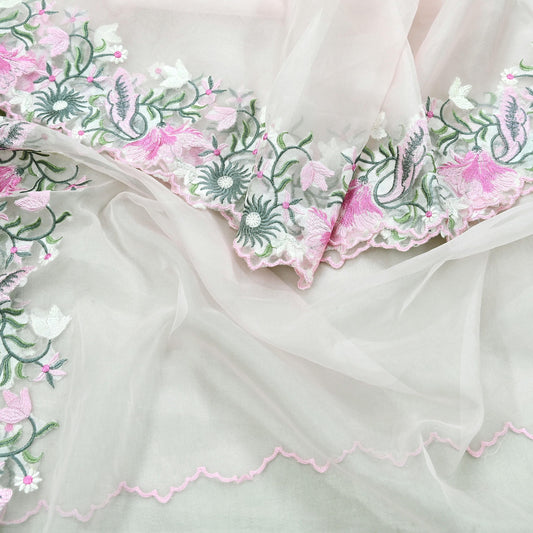 Indian Vintage Pink Dupatta Organza Long Stole Embroidered Scarves Veil Soft Floral Design Wrap Boho Party wear