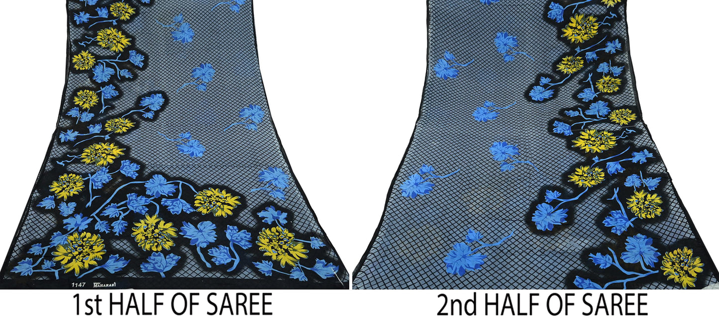 Indian Vintage Black & Gray Saree Printed Pure Cotton Indian Sari Craft Fabric 5Yd Sewing Soft Sarong Wrap Boho Floral Quilting Crafting