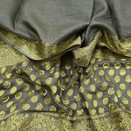 Indian Vintage Gray Dupatta Long Stole Pure Tussar Silk Hand Woven Scarves Veil Scarf Wrap Floral