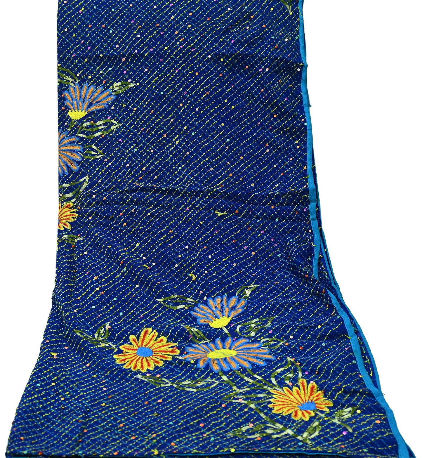 Indian Vintage Dupatta Blue Long Stole Hand Embroidered kantha stole Pure Georgette Silk Scarves Veil Wrap Soft Floral Sequins