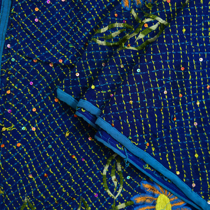 Indian Vintage Dupatta Blue Long Stole Hand Embroidered kantha stole Pure Georgette Silk Scarves Veil Wrap Soft Floral Sequins