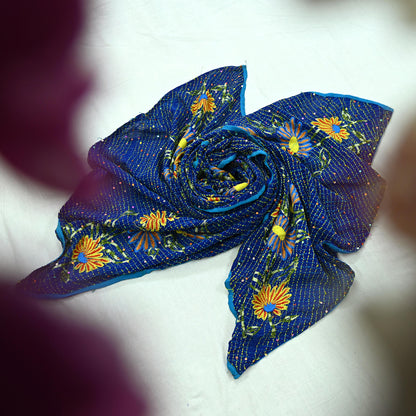 Indian Vintage Dupatta Blue Long Stole Hand Embroidered kantha stole Pure Georgette Silk Scarves Veil Wrap Soft Floral Sequins