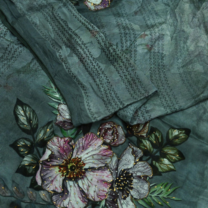Women Indian Vintage Dupatta Gray Long Stole Pure silk Digital Printed Dupatta Veil Scarves soft Boho Wrap Dressmaking Floral Design