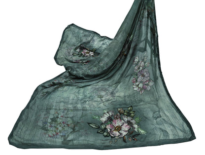 Women Indian Vintage Dupatta Gray Long Stole Pure silk Digital Printed Dupatta Veil Scarves soft Boho Wrap Dressmaking Floral Design