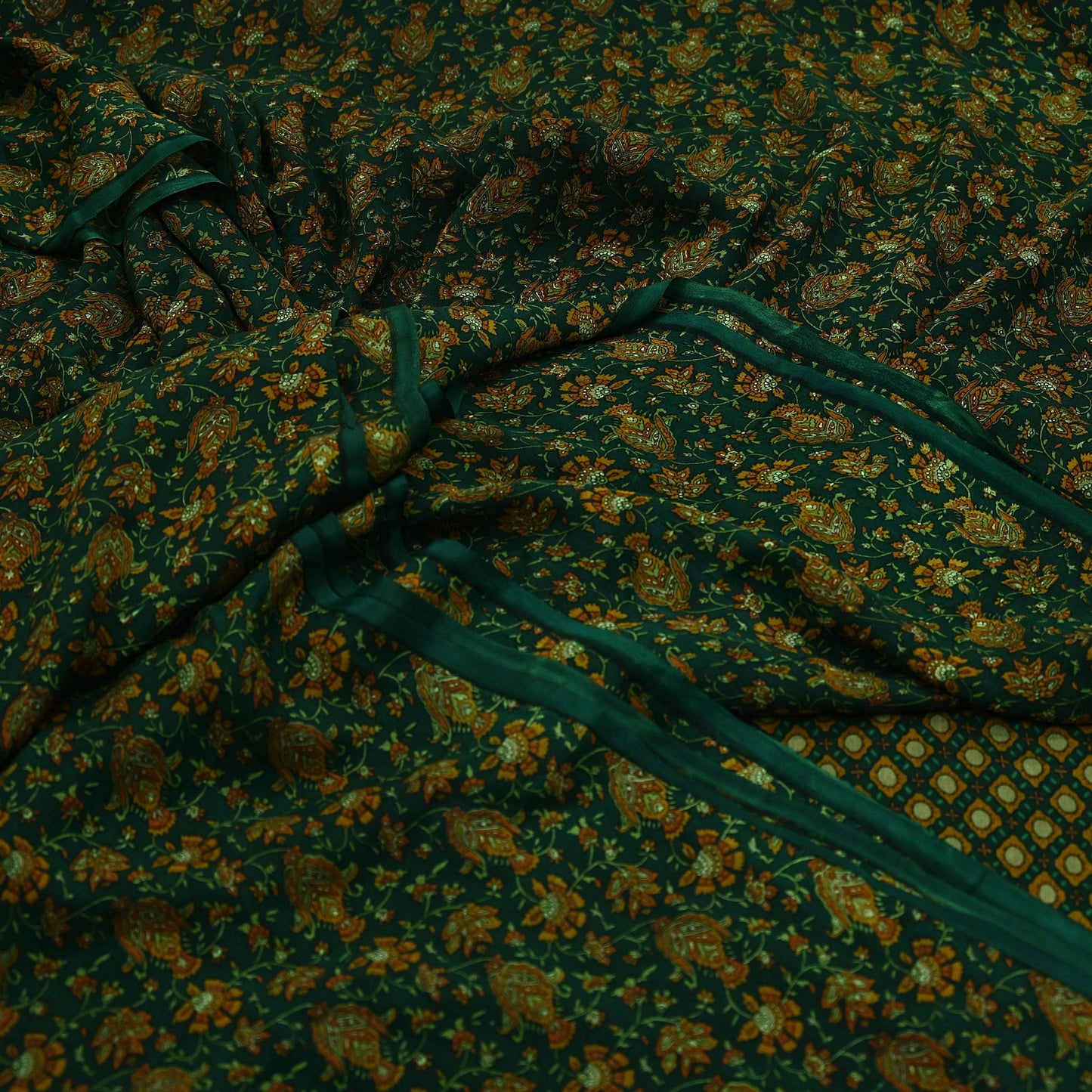 Indian Vintage Sari Green Pure Silk Printed Sarees Craft Fabric 6yd Sewing Dress Making Soft Floral Crafting quilting