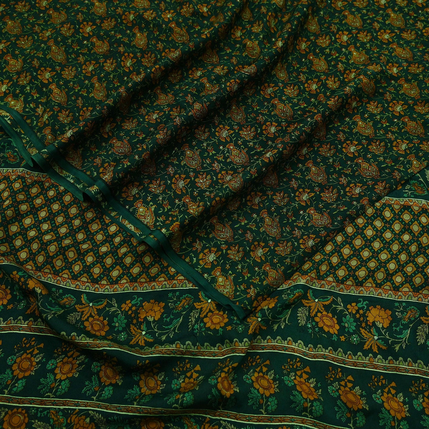 Indian Vintage Sari Green Pure Silk Printed Sarees Craft Fabric 6yd Sewing Dress Making Soft Floral Crafting quilting