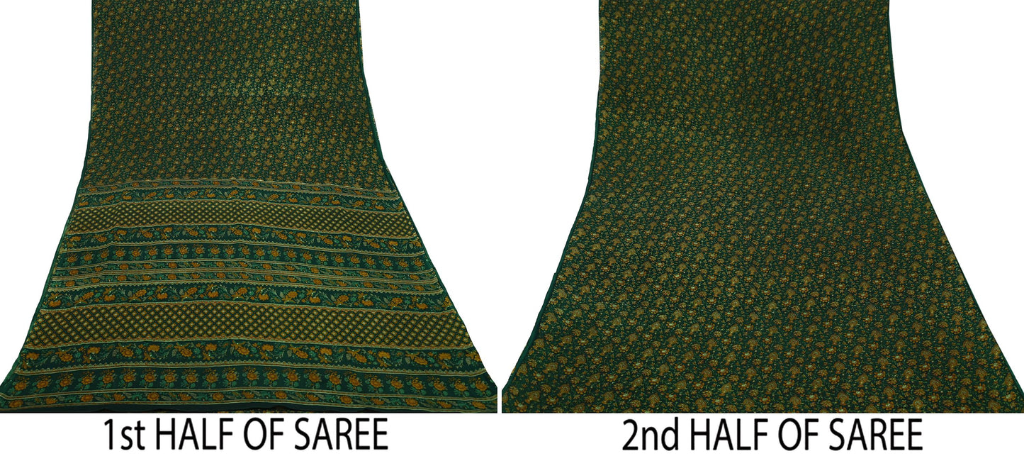 Indian Vintage Sari Green Pure Silk Printed Sarees Craft Fabric 6yd Sewing Dress Making Soft Floral Crafting quilting