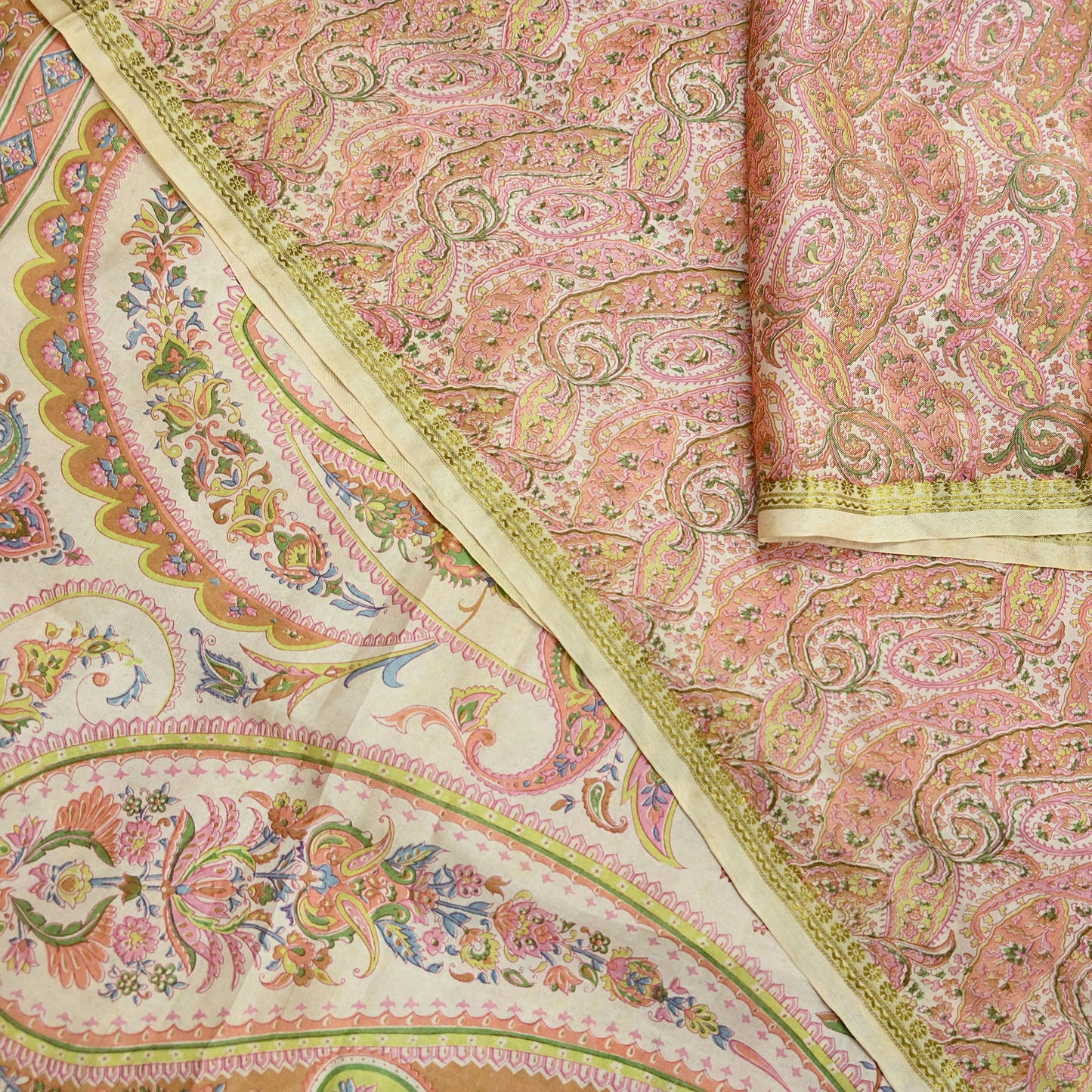 Indian Vintage Sari Peach & Ivory 100% Pure Silk Printed Sarees 5yd Sewing Craft Fabric Dress Making Floral Upcycle Quilting Crafting Used