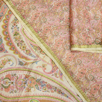 Indian Vintage Sari Peach & Ivory 100% Pure Silk Printed Sarees 5yd Sewing Craft Fabric Dress Making Floral Upcycle Quilting Crafting Used