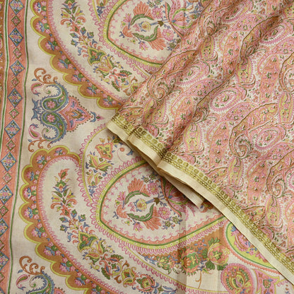 Indian Vintage Sari Peach & Ivory 100% Pure Silk Printed Sarees 5yd Sewing Craft Fabric Dress Making Floral Upcycle Quilting Crafting Used