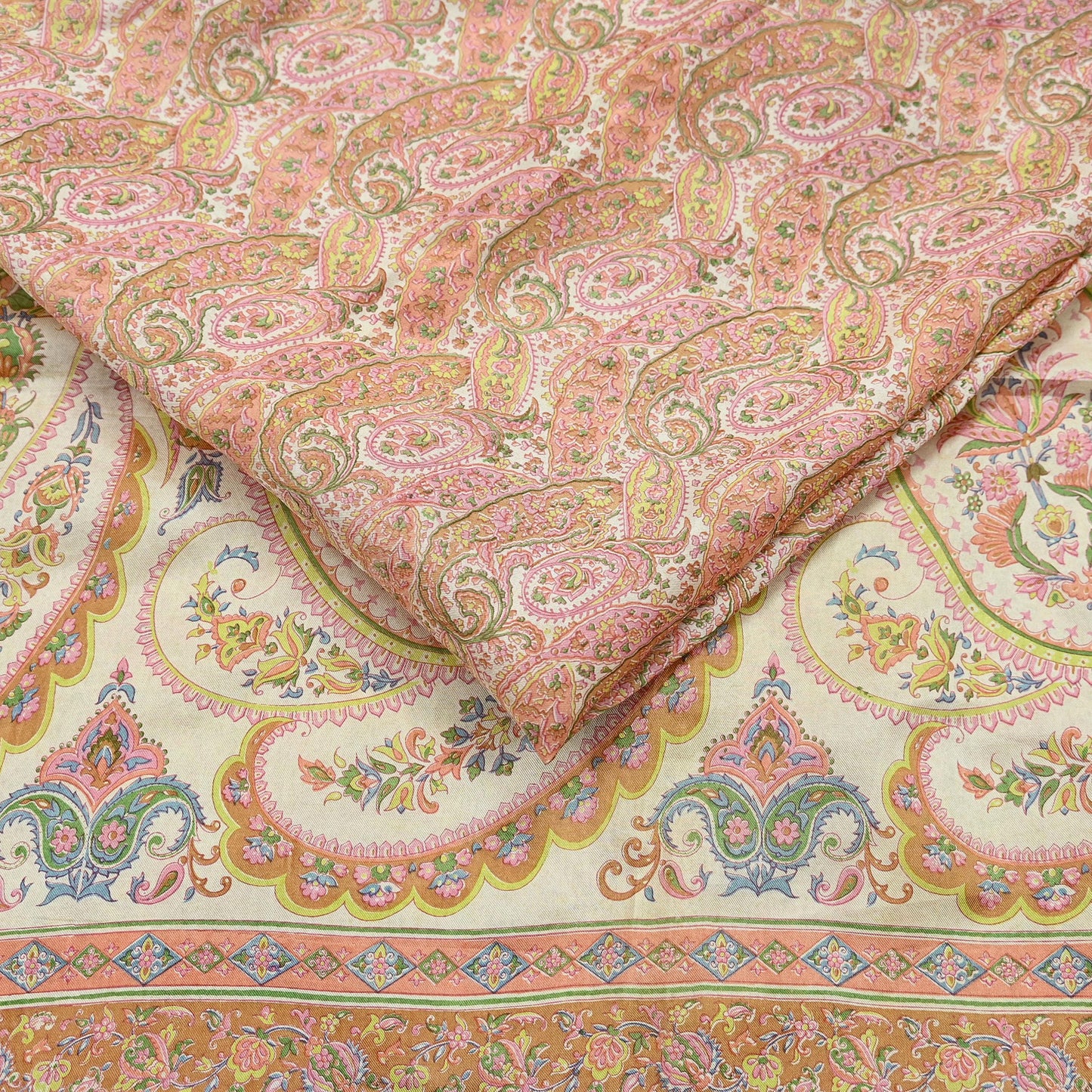 Indian Vintage Sari Peach & Ivory 100% Pure Silk Printed Sarees 5yd Sewing Craft Fabric Dress Making Floral Upcycle Quilting Crafting Used