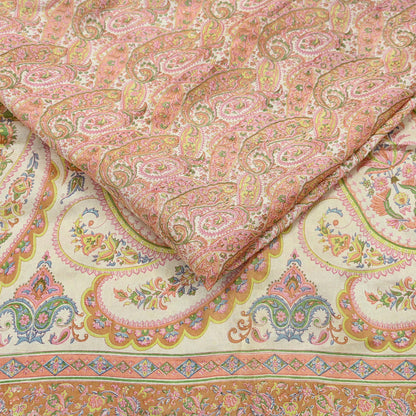 Indian Vintage Sari Peach & Ivory 100% Pure Silk Printed Sarees 5yd Sewing Craft Fabric Dress Making Floral Upcycle Quilting Crafting Used
