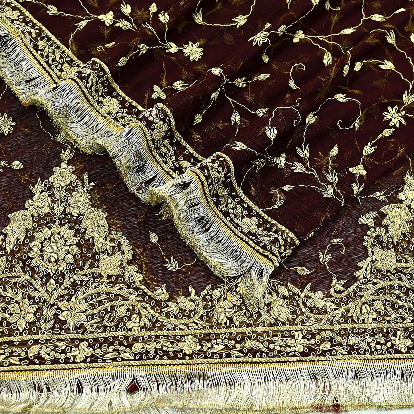 Indian Vintage Heavy Wedding Maroon Dupatta Net Mesh Long Stole Hand Embroidered Scarves Golden Zardozi Zari Sequins Dridal Veil Hijab