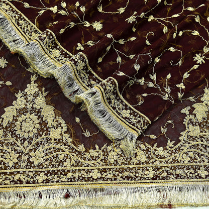 Indian Vintage Heavy Wedding Maroon Dupatta Net Mesh Long Stole Hand Embroidered Scarves Golden Zardozi Zari Sequins Dridal Veil Hijab