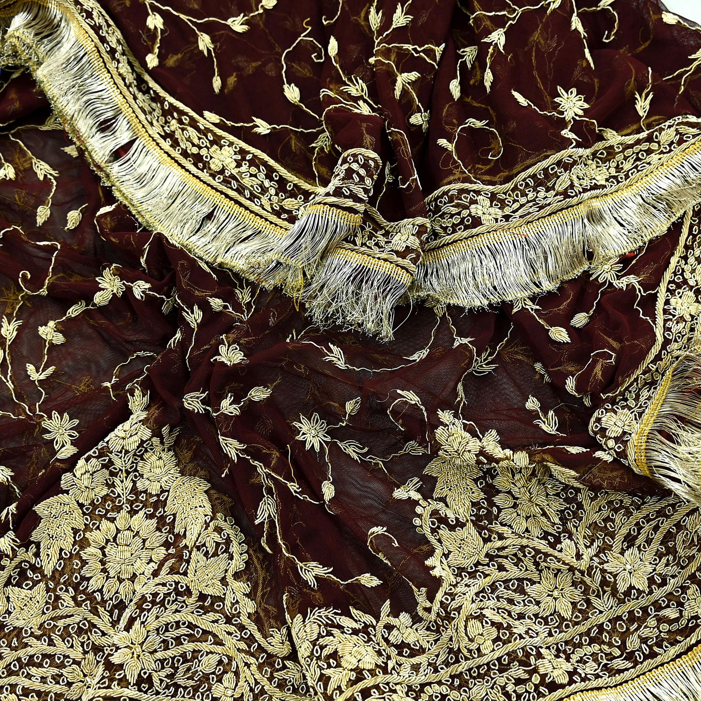 Indian Vintage Heavy Wedding Maroon Dupatta Net Mesh Long Stole Hand Embroidered Scarves Golden Zardozi Zari Sequins Dridal Veil Hijab