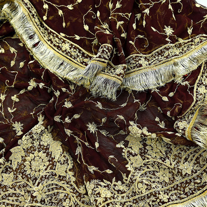 Indian Vintage Heavy Wedding Maroon Dupatta Net Mesh Long Stole Hand Embroidered Scarves Golden Zardozi Zari Sequins Dridal Veil Hijab
