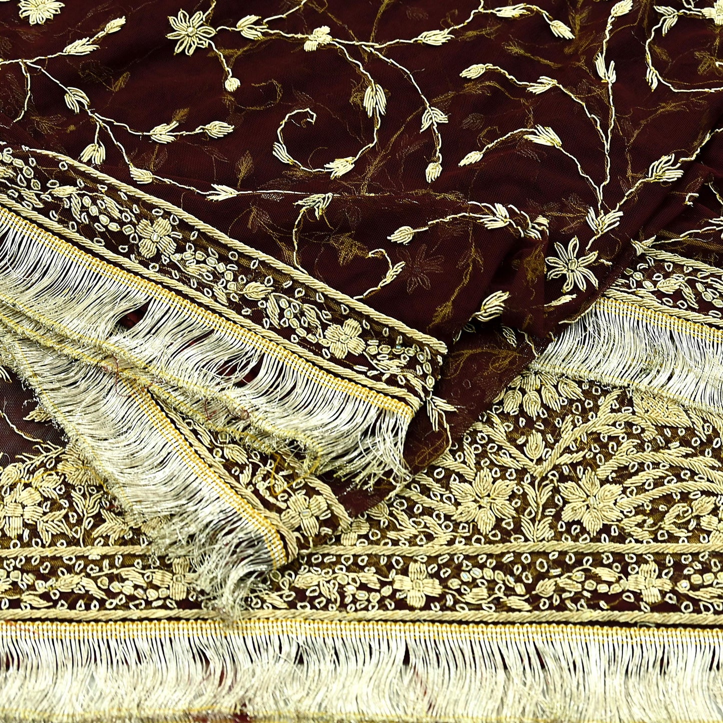 Indian Vintage Heavy Wedding Maroon Dupatta Net Mesh Long Stole Hand Embroidered Scarves Golden Zardozi Zari Sequins Dridal Veil Hijab