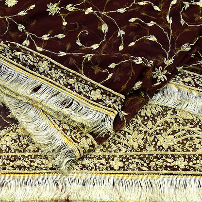 Indian Vintage Heavy Wedding Maroon Dupatta Net Mesh Long Stole Hand Embroidered Scarves Golden Zardozi Zari Sequins Dridal Veil Hijab