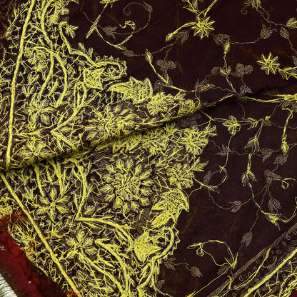 Indian Vintage Heavy Wedding Maroon Dupatta Net Mesh Long Stole Hand Embroidered Scarves Golden Zardozi Zari Sequins Dridal Veil Hijab