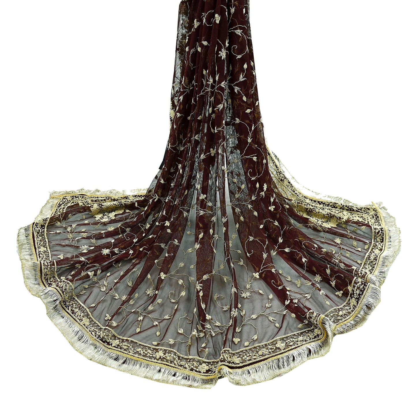 Indian Vintage Heavy Wedding Maroon Dupatta Net Mesh Long Stole Hand Embroidered Scarves Golden Zardozi Zari Sequins Dridal Veil Hijab