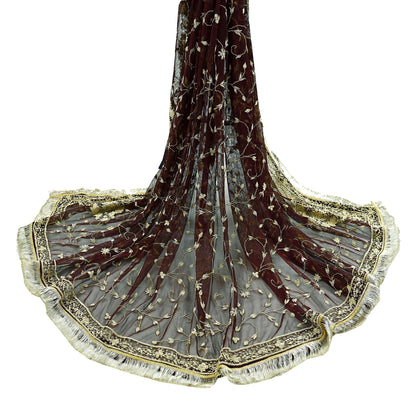 Indian Vintage Heavy Wedding Maroon Dupatta Net Mesh Long Stole Hand Embroidered Scarves Golden Zardozi Zari Sequins Dridal Veil Hijab