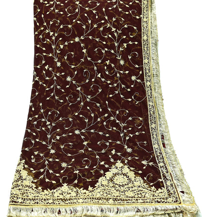 Indian Vintage Heavy Wedding Maroon Dupatta Net Mesh Long Stole Hand Embroidered Scarves Golden Zardozi Zari Sequins Dridal Veil Hijab