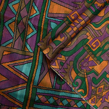 Indian Vintage Sari Purple Pure Silk Printed Sarees 6yd Sewing Craft Fabric Dress Making Soft Wrap Abstract Quilting Crafting Upcycle Used