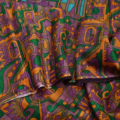 Indian Vintage Sari Purple Pure Silk Printed Sarees 6yd Sewing Craft Fabric Dress Making Soft Wrap Abstract Quilting Crafting Upcycle Used