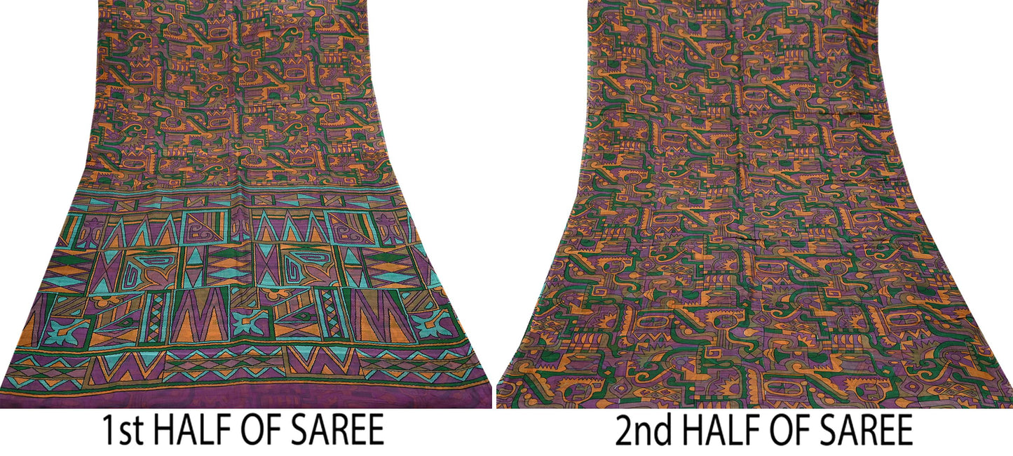 Indian Vintage Sari Purple Pure Silk Printed Sarees 6yd Sewing Craft Fabric Dress Making Soft Wrap Abstract Quilting Crafting Upcycle Used