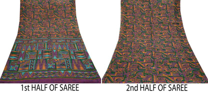 Indian Vintage Sari Purple Pure Silk Printed Sarees 6yd Sewing Craft Fabric Dress Making Soft Wrap Abstract Quilting Crafting Upcycle Used