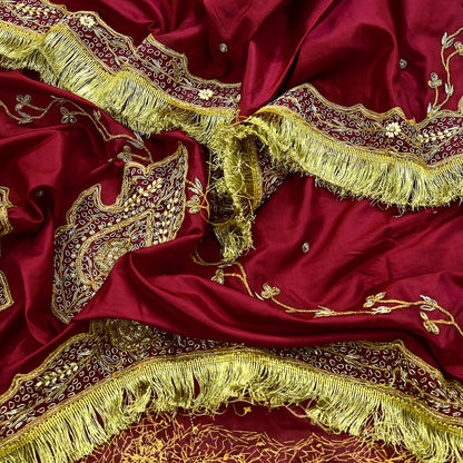 Indian Vintage Heavy Bridal Dupatta Pink Pure Silk Long Stole Hand Embroidered Hijab Scarf Zardozi Wedding Dupatta Fringes