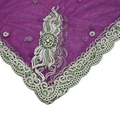 Indian Vintage Heavy Bridal Purple Dupatta Net Mesh Long Stole Hand Embroidered Scarves Zardozi Dabka Zari Wedding dupatta veil hijab