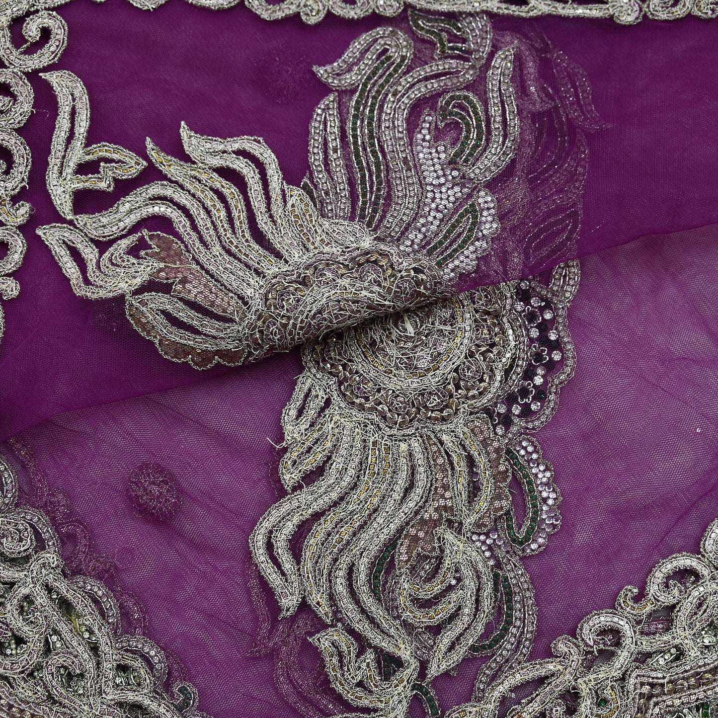 Indian Vintage Heavy Bridal Purple Dupatta Net Mesh Long Stole Hand Embroidered Scarves Zardozi Dabka Zari Wedding dupatta veil hijab