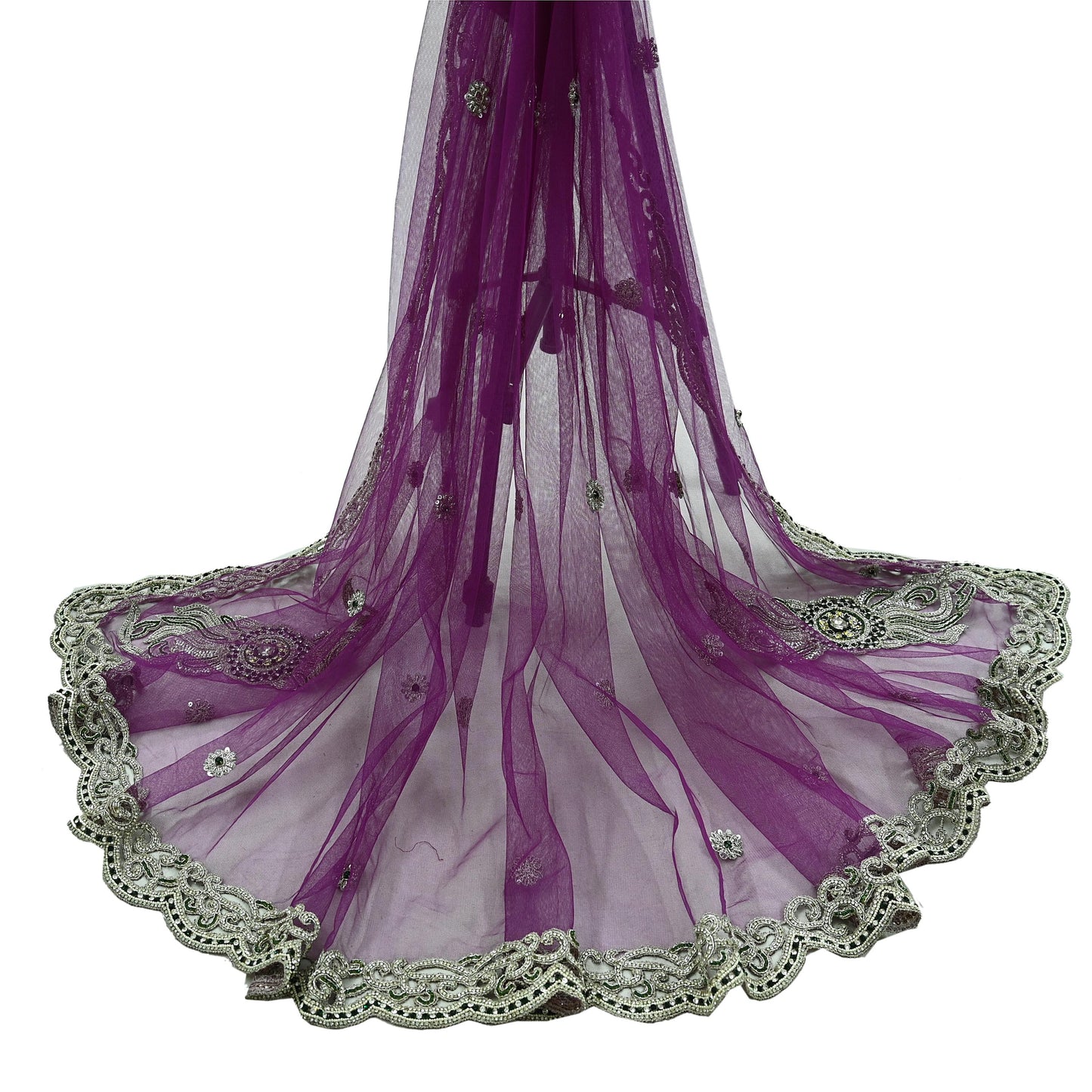 Indian Vintage Heavy Bridal Purple Dupatta Net Mesh Long Stole Hand Embroidered Scarves Zardozi Dabka Zari Wedding dupatta veil hijab